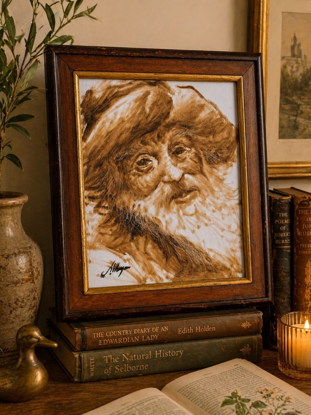 Vintage Framed Portrait signed textile painting European decor old world neutral
